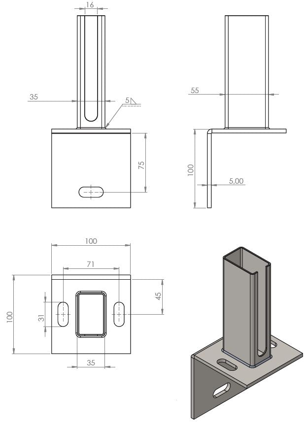 Winkel-Bodenplatte für Doppelstabmattenzaun Pfosten 60x40 mm