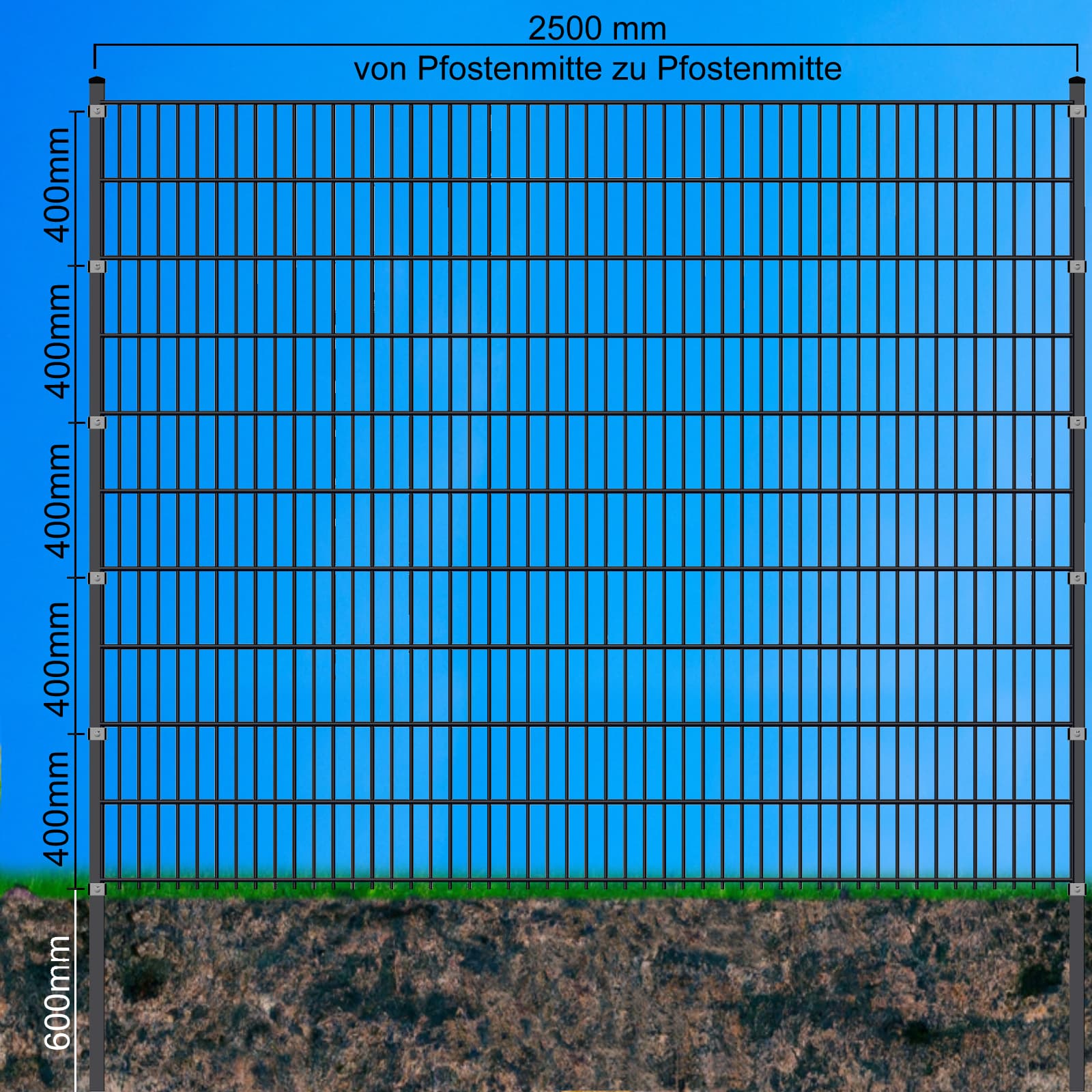 Doppelstabmatten-Komplettset 6/5/6 moosgrün (RAL6005) – Einbetonieren