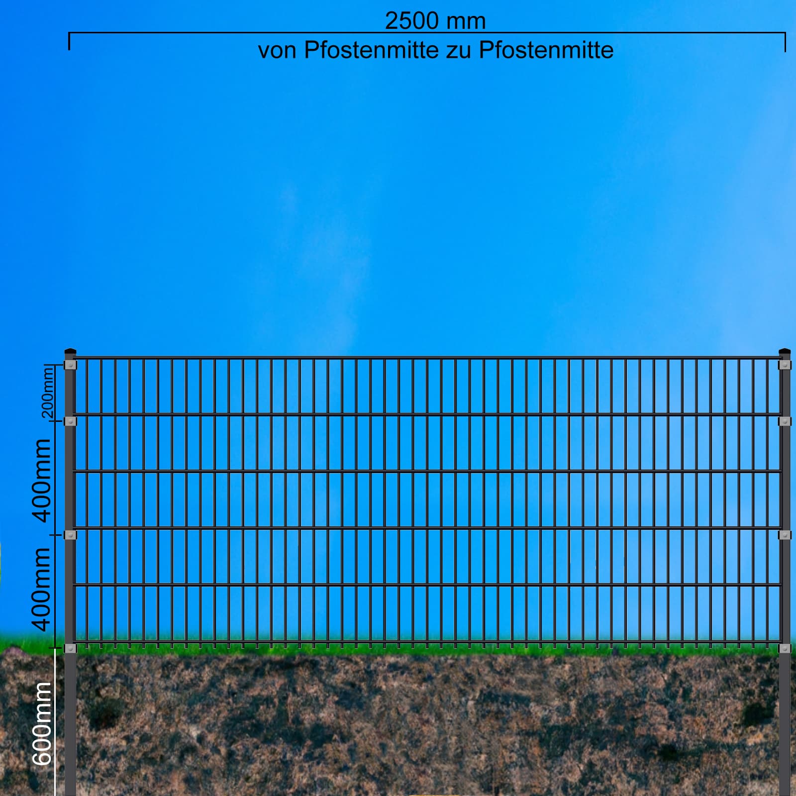 Doppelstabmatten-Komplettset 6/5/6 moosgrün (RAL6005) – Einbetonieren