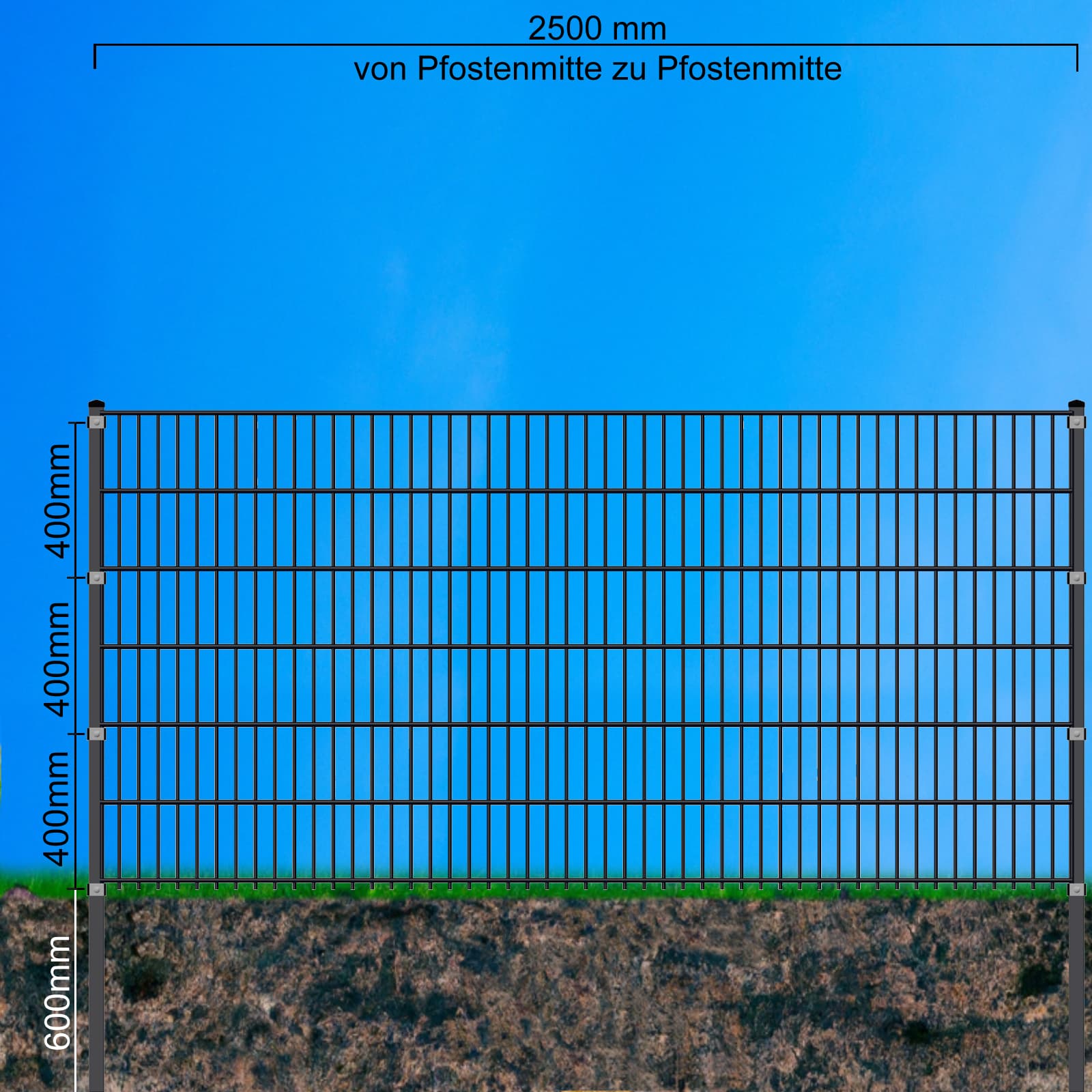 Doppelstabmatten-Komplettset 6/5/6 moosgrün (RAL6005) – Einbetonieren
