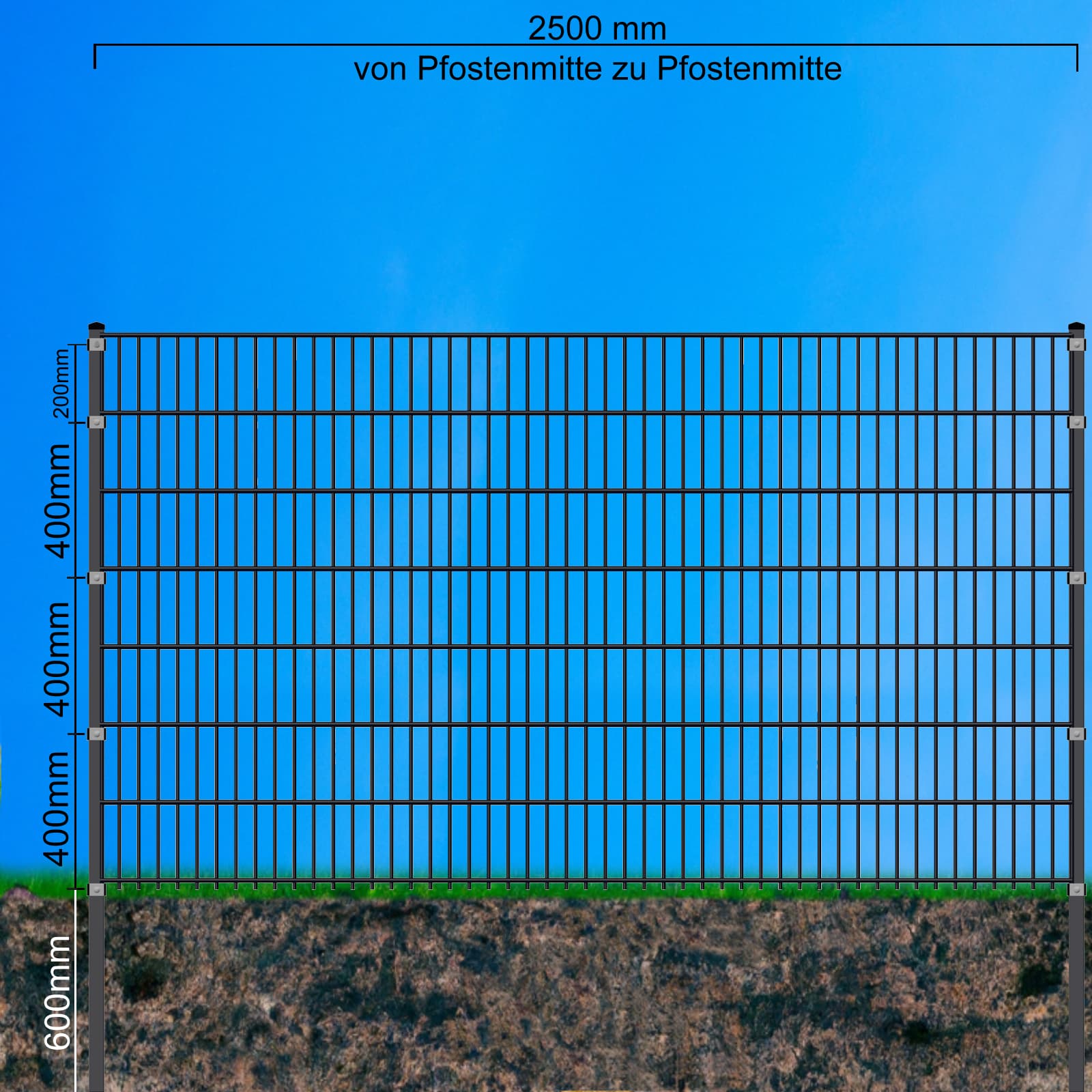 Doppelstabmatten-Komplettset 6/5/6 moosgrün (RAL6005) – Einbetonieren