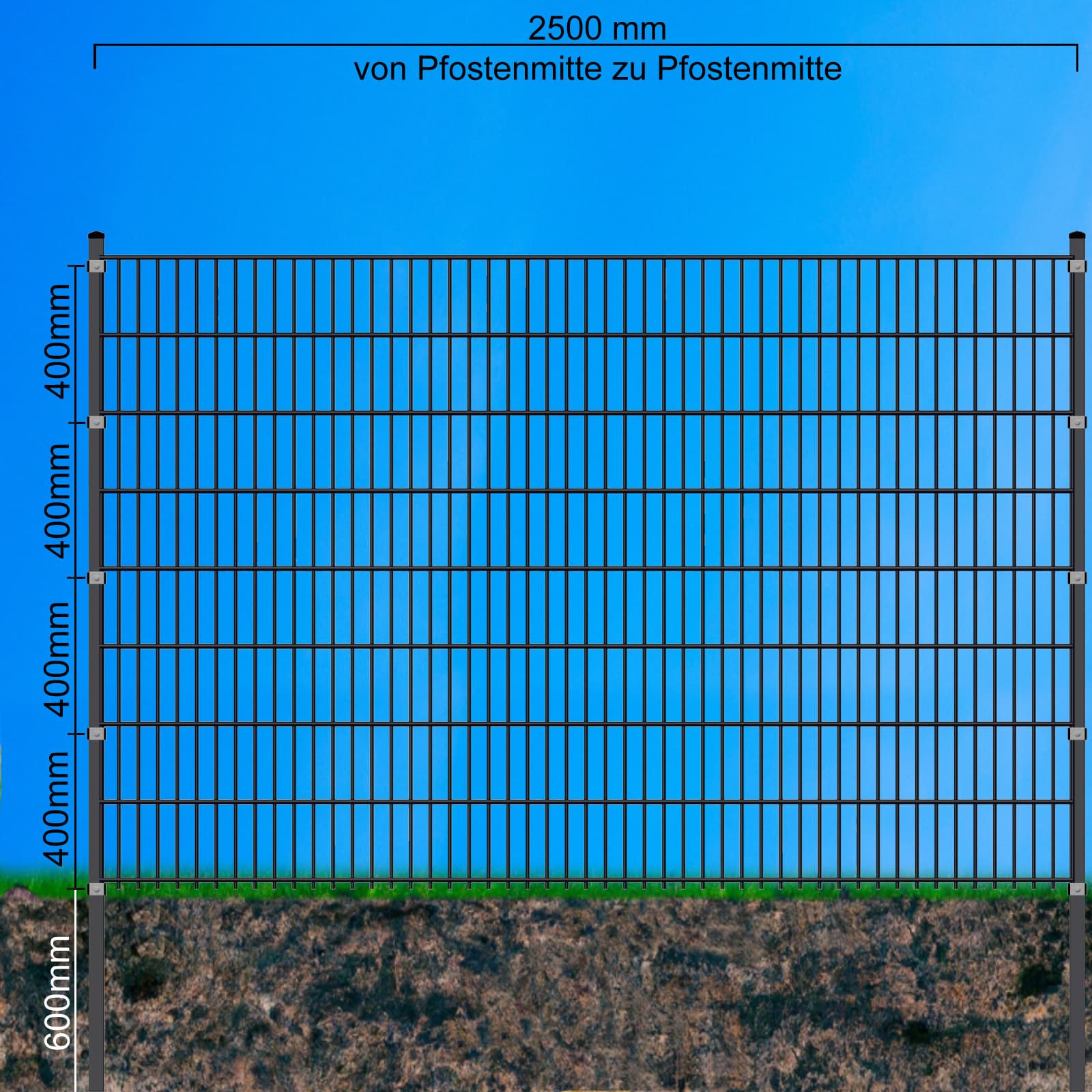 Doppelstabmatten-Komplettset 6/5/6 moosgrün (RAL6005) – Einbetonieren