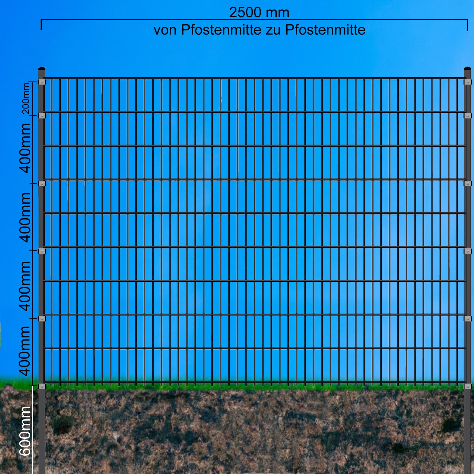 Doppelstabmatten-Komplettset 6/5/6 moosgrün (RAL6005) – Einbetonieren