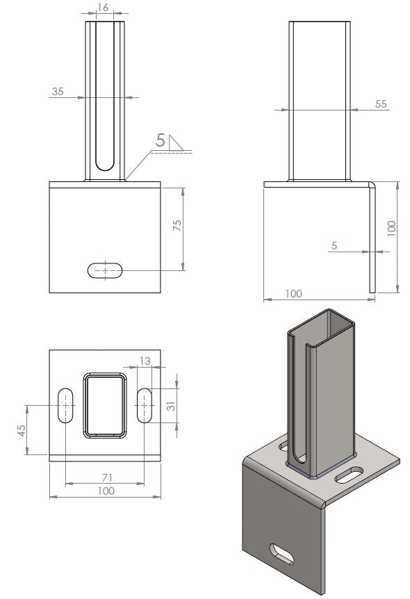 Winkel-Bodenplatte für Doppelstabmattenzaun Pfosten 60x40 mm